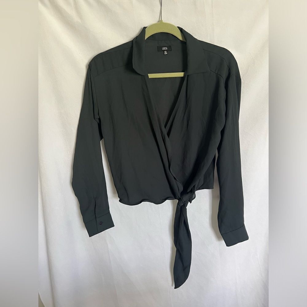 Urban Outfitters Sheer Wrap LUCCA Charcoal Blouse Crop Tie Top Size S